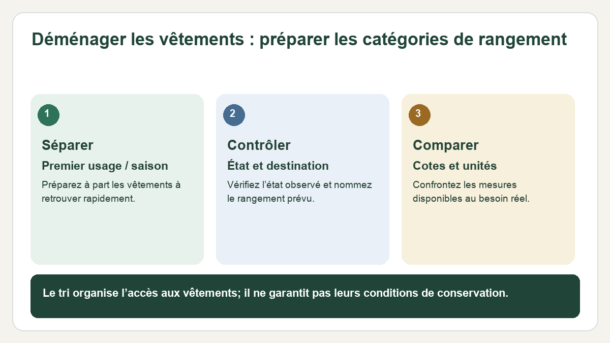 Schéma : Séparer — Premier usage / saison : Préparez à part les vêtements à retrouver rapidement. ; Contrôler — État et destination : Vérifiez l’état observé et nommez le rangement prévu. ; Comparer — Cotes et unités : Confrontez les mesures disponibles au besoin réel.